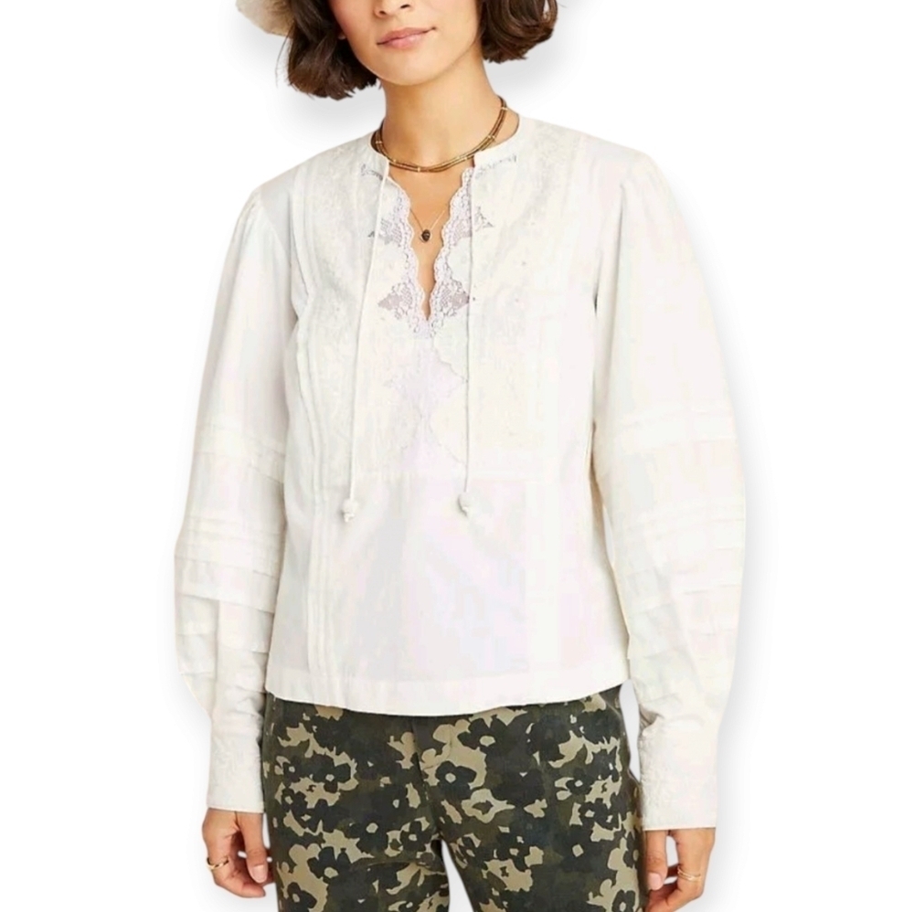 By Anthropologie Delilah Pleated Peasant Blouse Embroidered White Lace Size 4